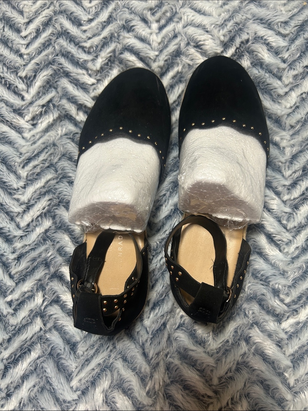 LC Lauren Conrad Black Studded Scalloped Flats Ankle-Strap Espadrilles - Picture 9 of 9